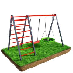 Set de joacă pentru copii cu leagăn dublu și structură de cățărare din lemn, amplasat în grădină