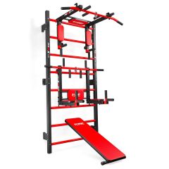 Spalier de gimnastică metalic pentru perete cu accesorii, bară de tracțiuni și bancă pentru abdomene.