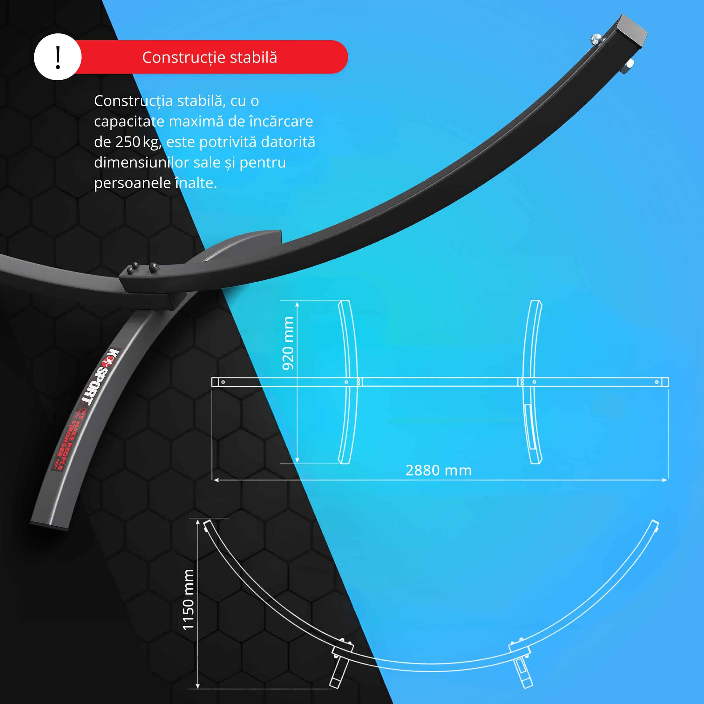 Schelet metalic robust al suportului de hamac, cu dimensiuni indicate