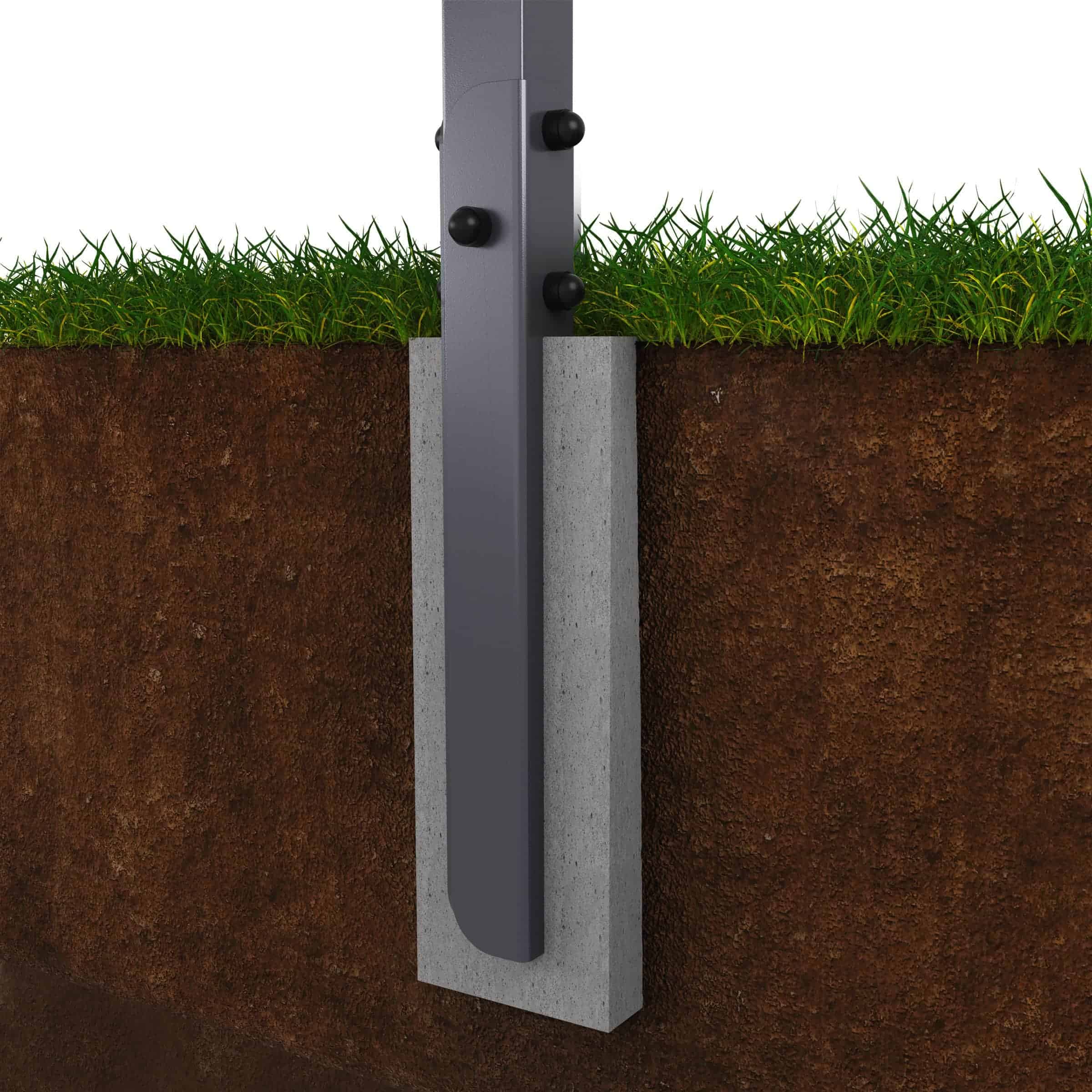 Detaliu de montaj în beton pentru stația calistenică K-Sport, fixare solidă a stâlpilor în sol pentru stabilitate maximă.