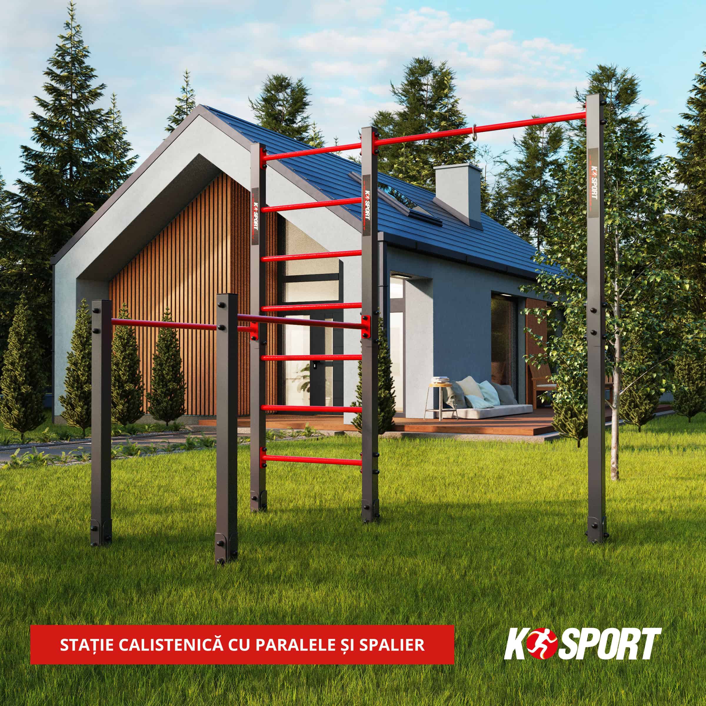 Stație de calistenie K-Sport amplasată în curte, cu paralele și spalier, perfectă pentru exerciții în aer liber.