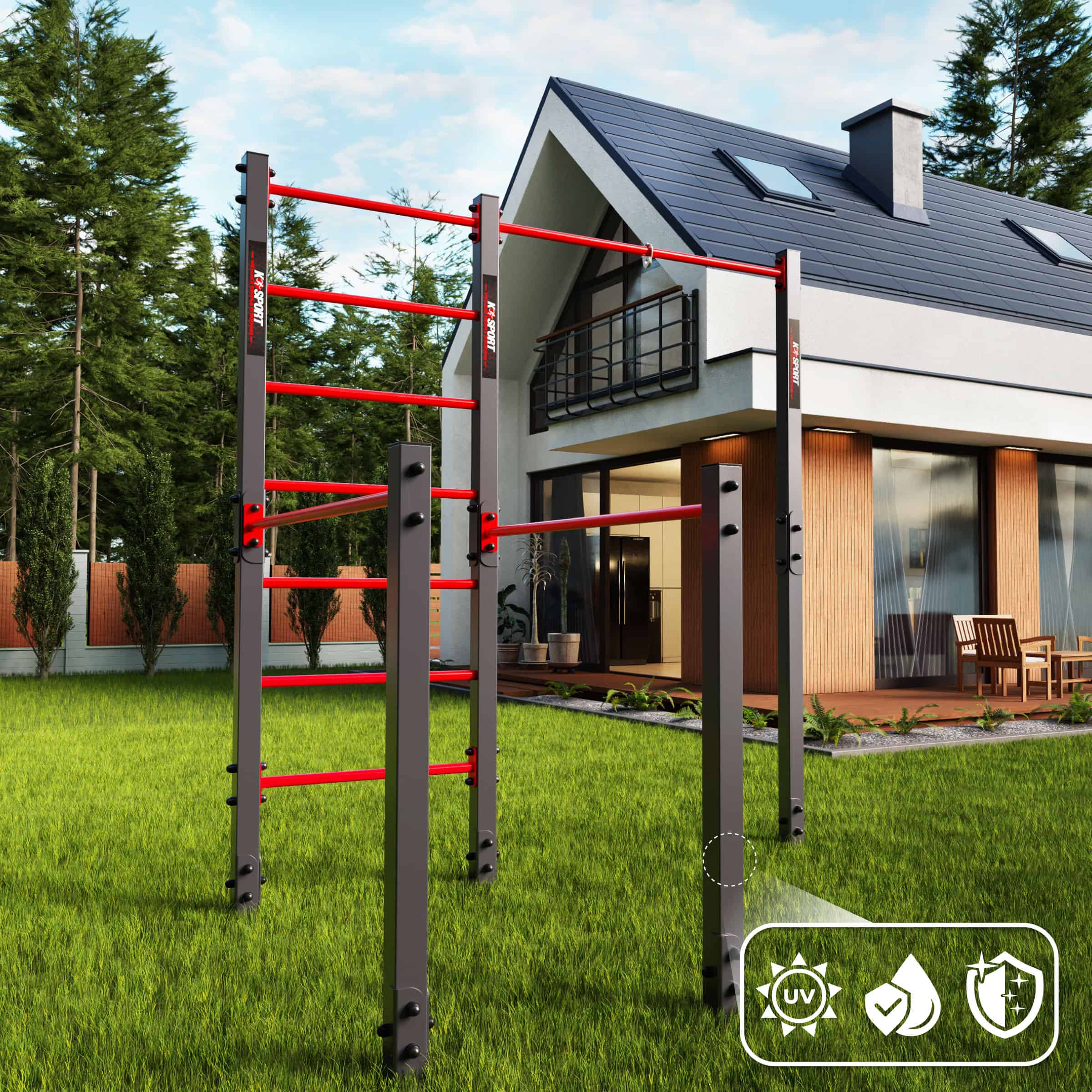 Stație de antrenament K-Sport pentru exterior, rezistentă la intemperii și raze UV, cu spalier și bare paralele.