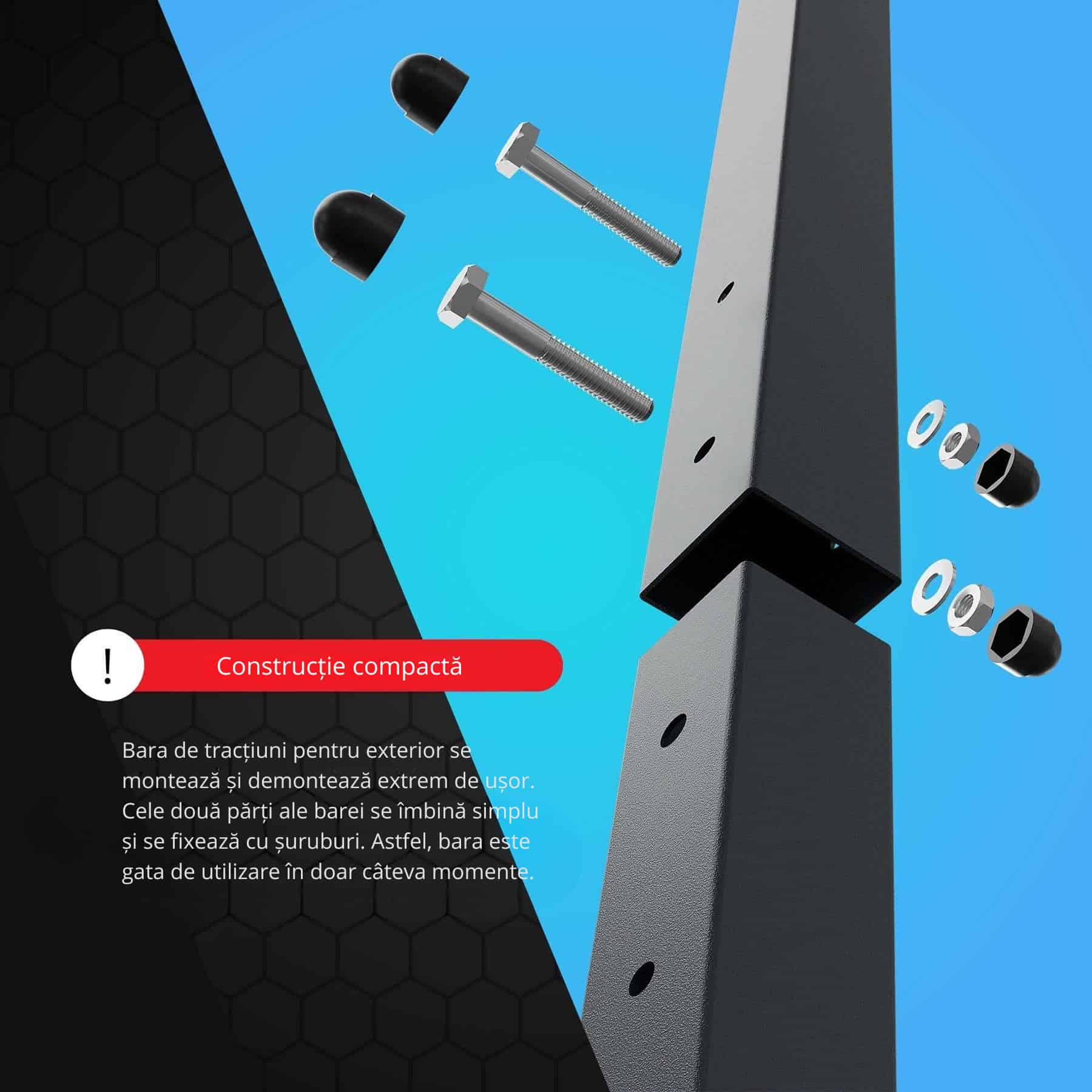 Detaliu constructiv al stației K-Sport pentru exterior, cu sistem de montare compact și sigur.