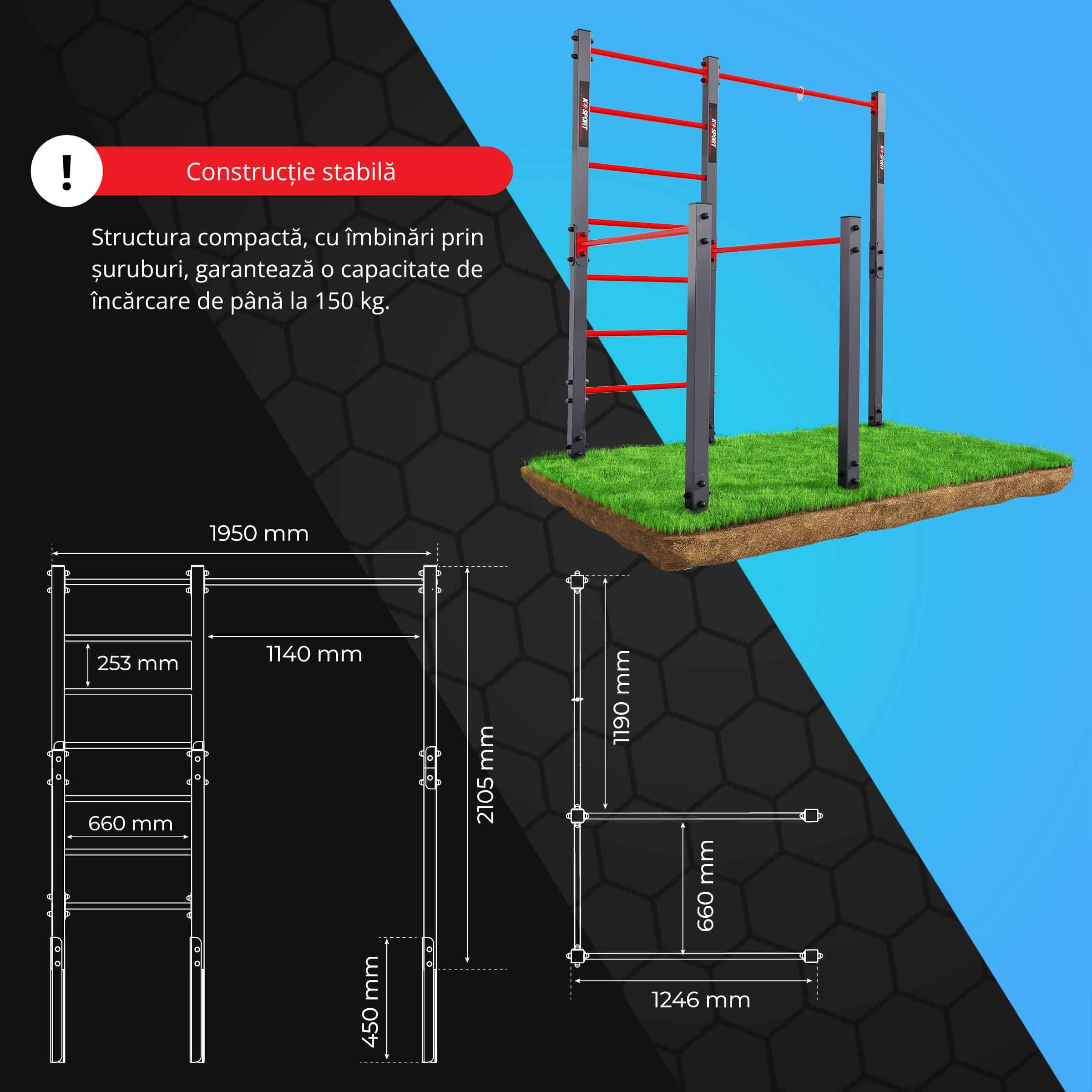 Schiță tehnică și dimensiuni ale stației K-Sport cu spalier și paralele, capacitate de încărcare până la 150 kg.