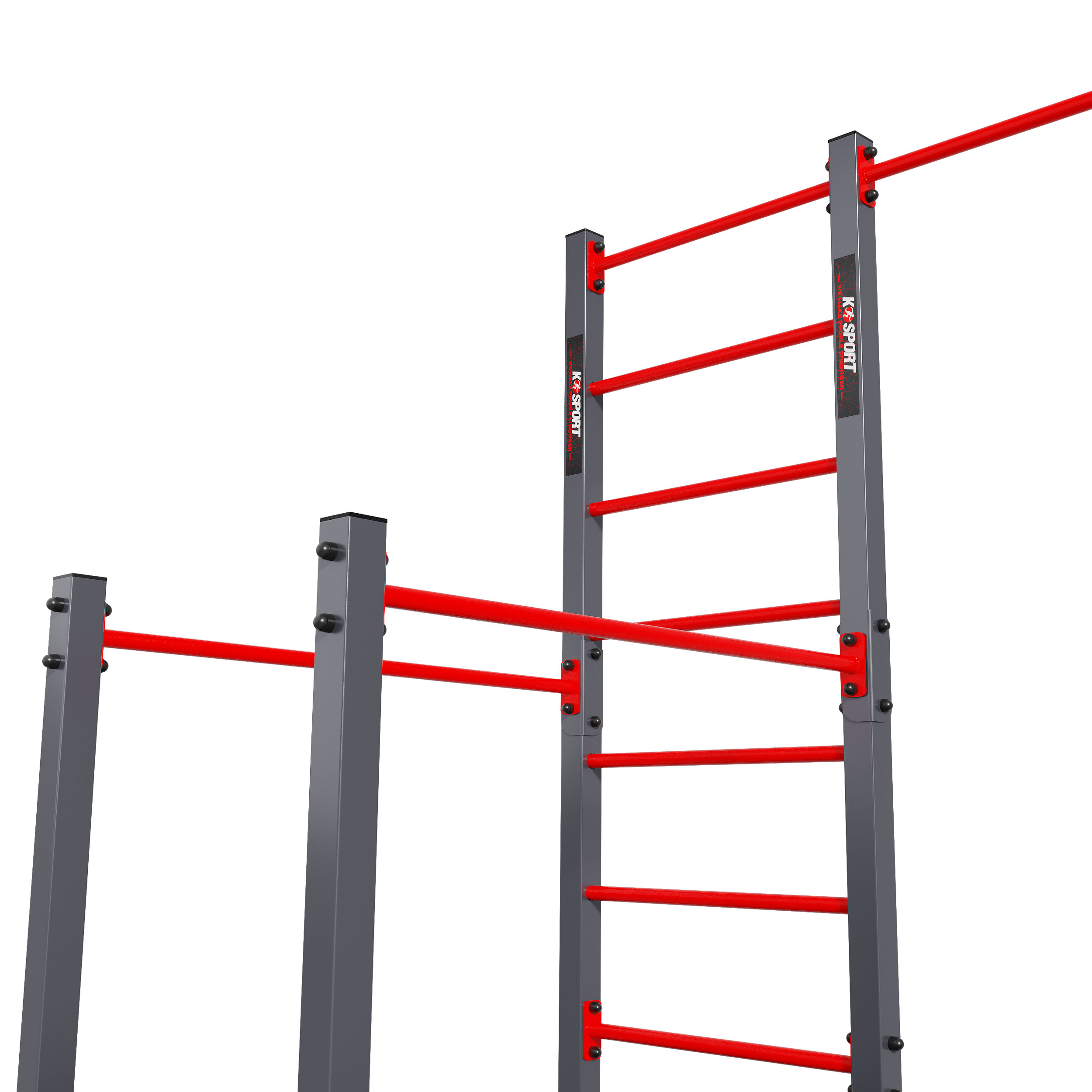 Detaliu al structurii metalice și barelor roșii ale stației de calistenie K-Sport pentru antrenamente în aer liber.