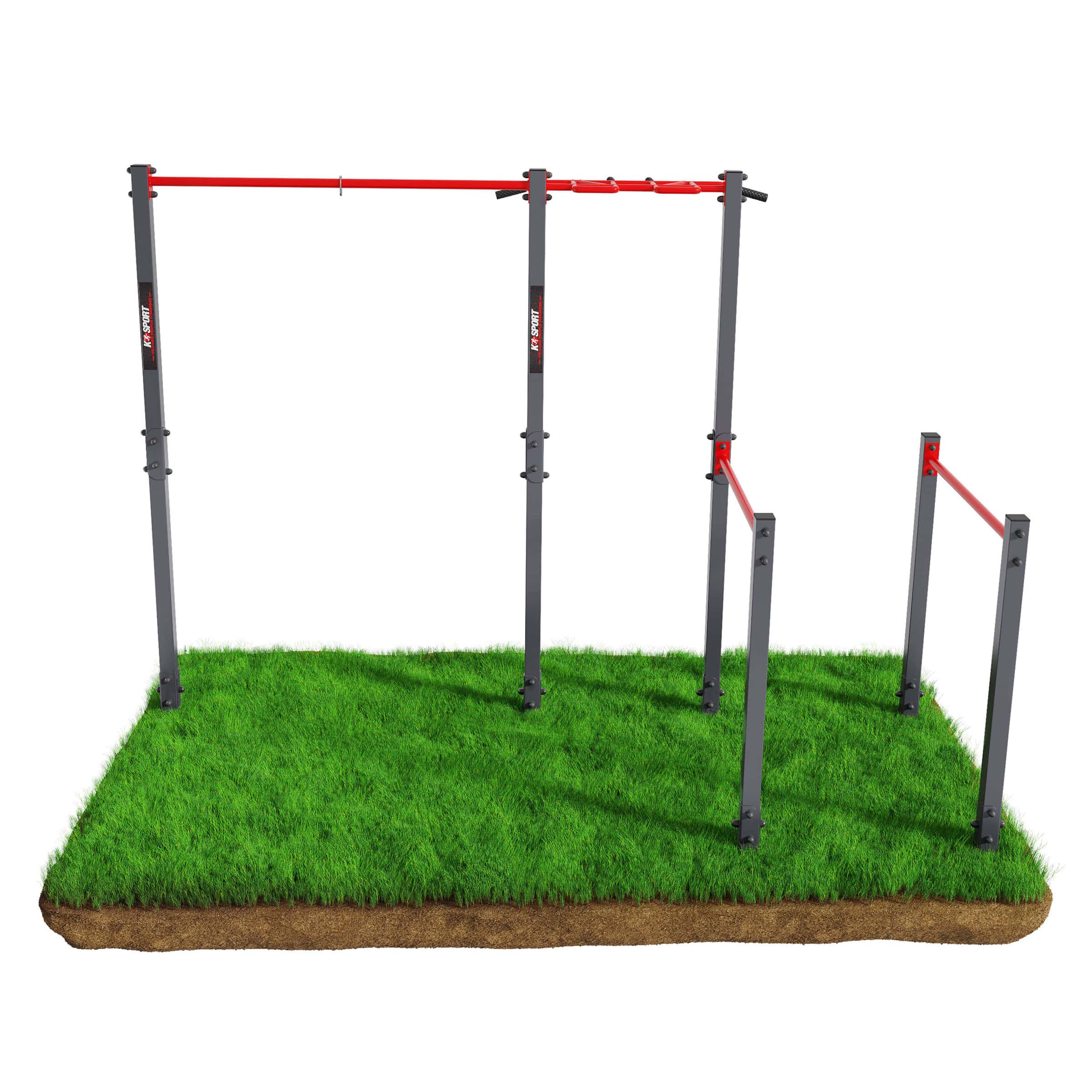 Echipament fix de exterior cu diferite bare de antrenament pe gazon verde – vedere de sus