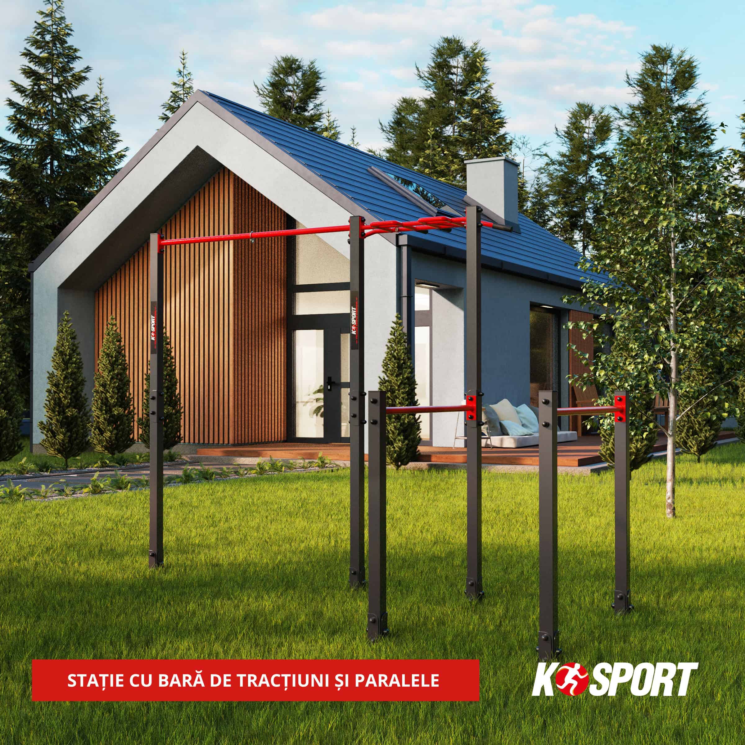 Aparat de fitness cu bare de tracțiuni și paralele în grădină, în fața unei case moderne – model K-Sport