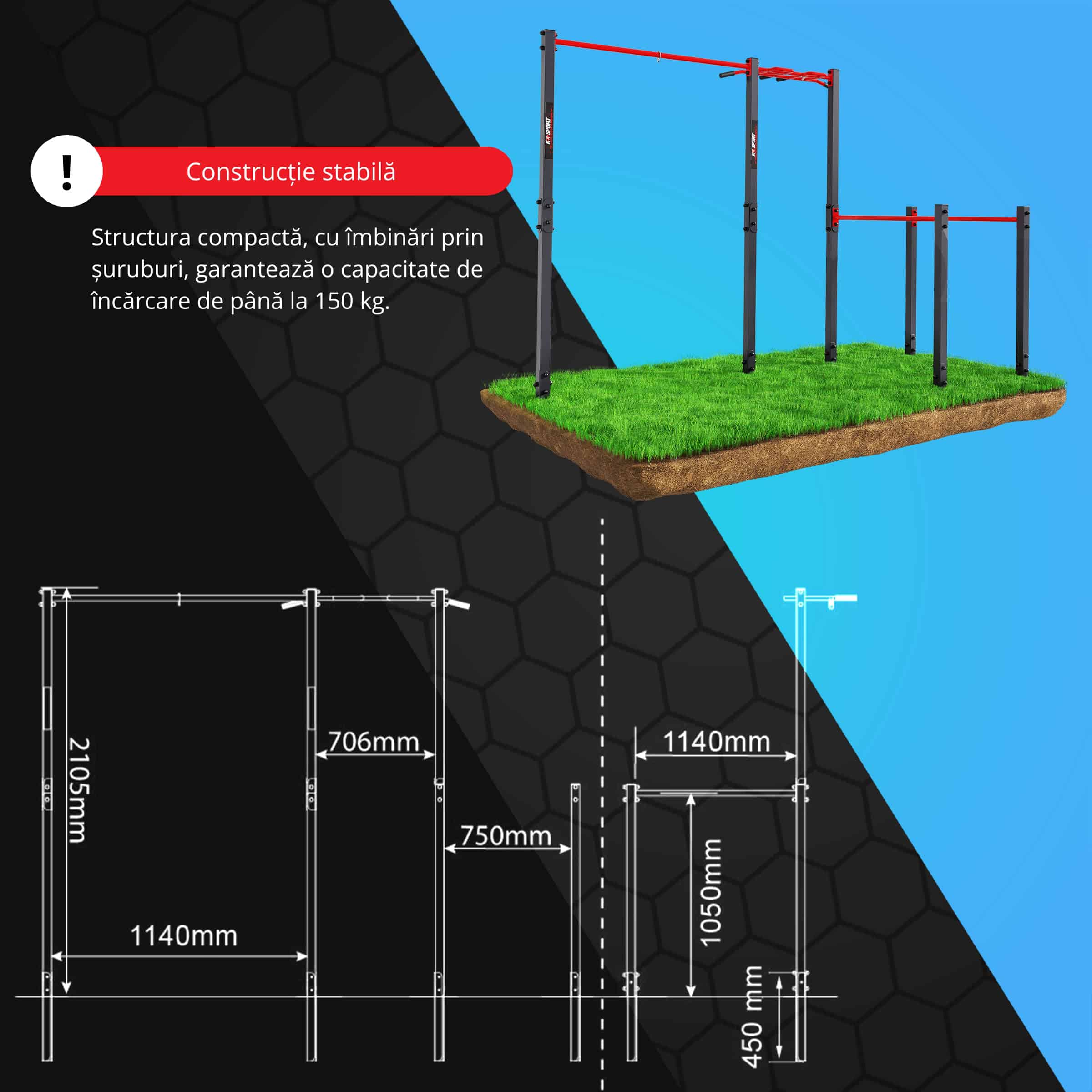 Dimensiuni și schiță tehnică a echipamentului fix, cu informații despre capacitatea de susținere și calitate