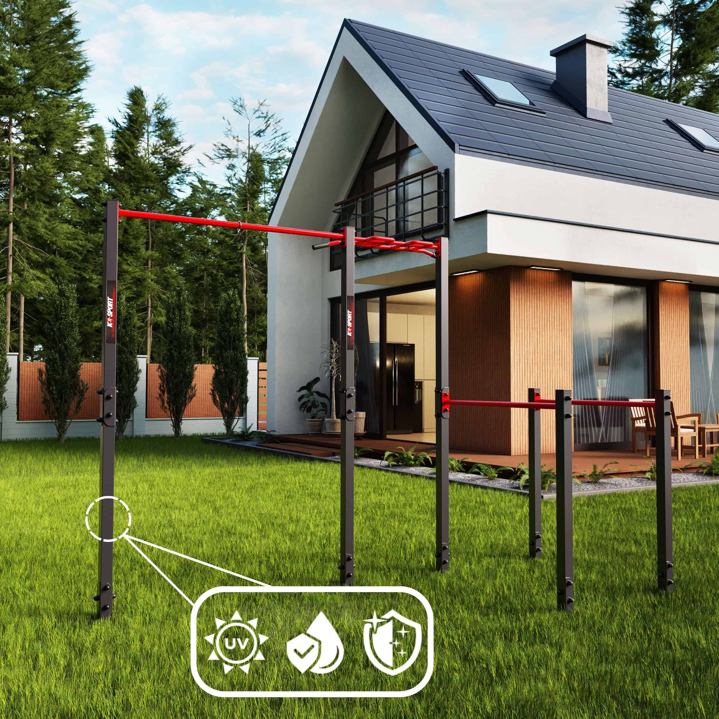 Echipament fix de exterior cu acoperire rezistentă la intemperii – simboluri pentru protecție UV, apă și rugină