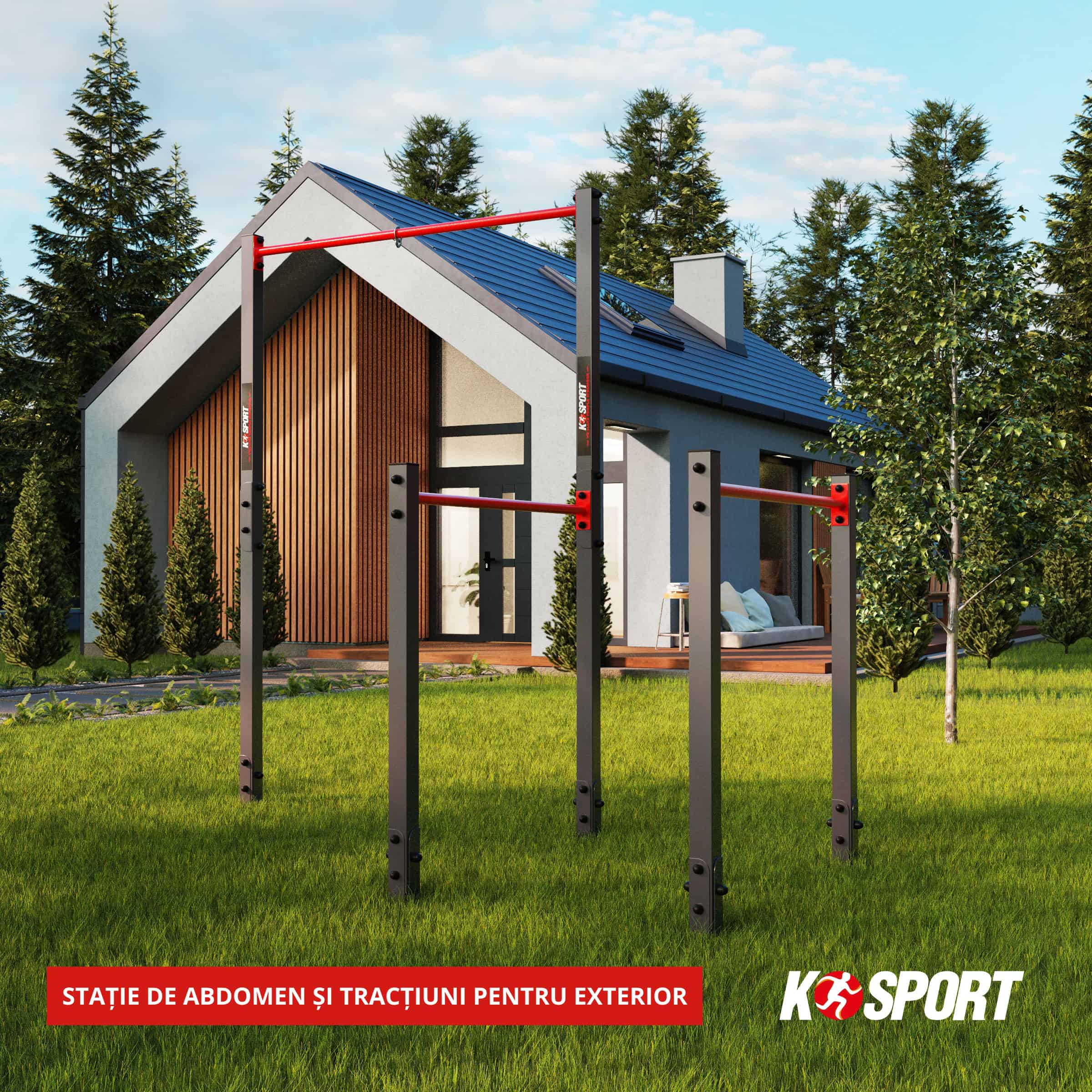 Stație de tracțiuni și abdomene K-Sport pentru exterior amplasată în curte, lângă o casă modernă.