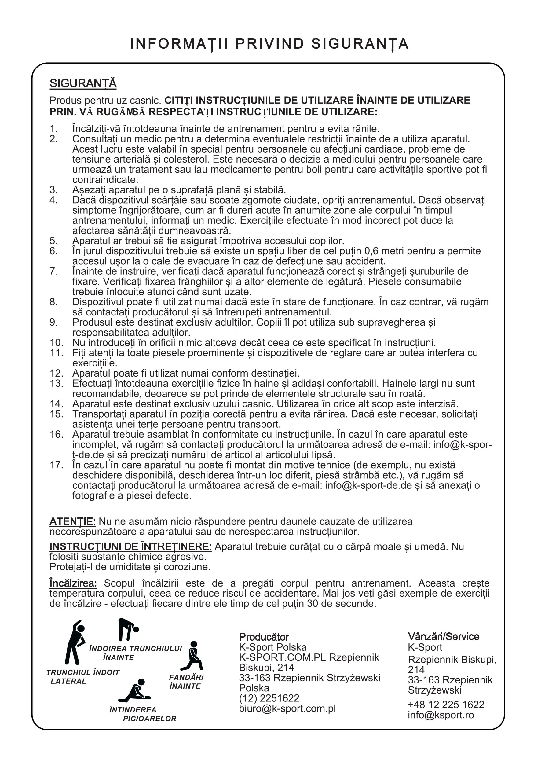 Informații de siguranță pentru echipamentele de fitness